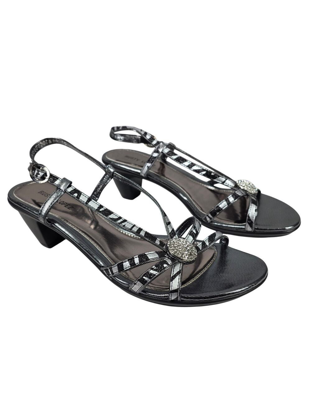 RUSTY LOPEZ METALLIC SLINGBACK SANDALS – WOMEN’S 40 – RHINESTONE DETAIL – NWOT